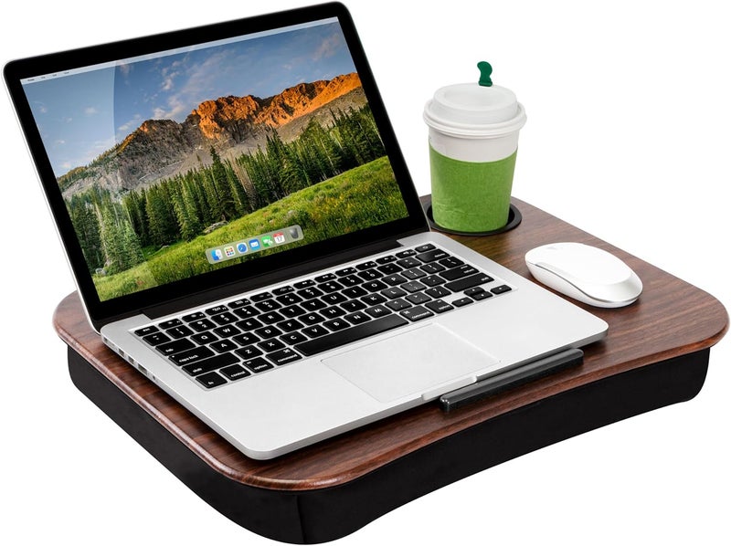 LapGear Cup Holder Lap Desk with Device Ledge - Espresso Woodgrain - Fits up to 14 Inch Laptops - Style No. 46324 - Image 1